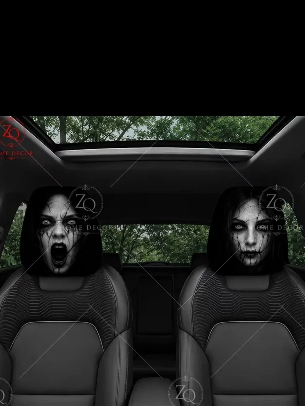 Halloween Horror Car Headrest Covers - Ghostly Black Design 2pcs Set